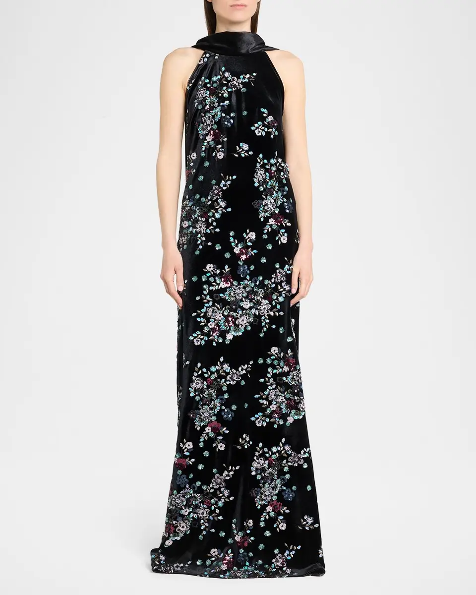 Talbot Runhof Sequin Bloom Velvet Neck-Scarf Halter Gown | Thumbnail 2 Talbot Runhof Sequin Bloom Velvet Neck-Scarf Halter Gown | Thumbnail 2