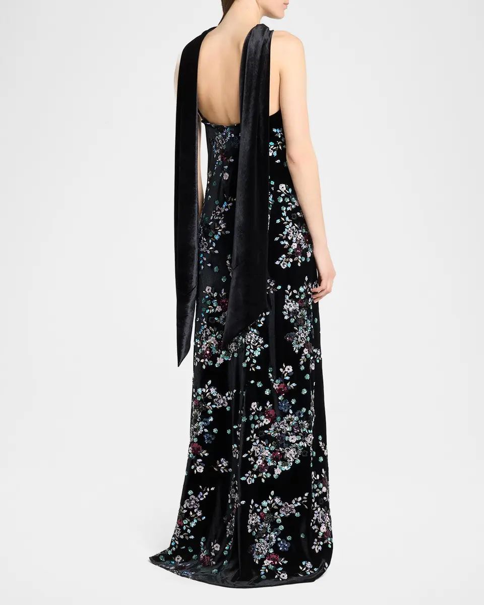 Talbot Runhof Sequin Bloom Velvet Neck-Scarf Halter Gown | Thumbnail 3 Talbot Runhof Sequin Bloom Velvet Neck-Scarf Halter Gown | Thumbnail 3