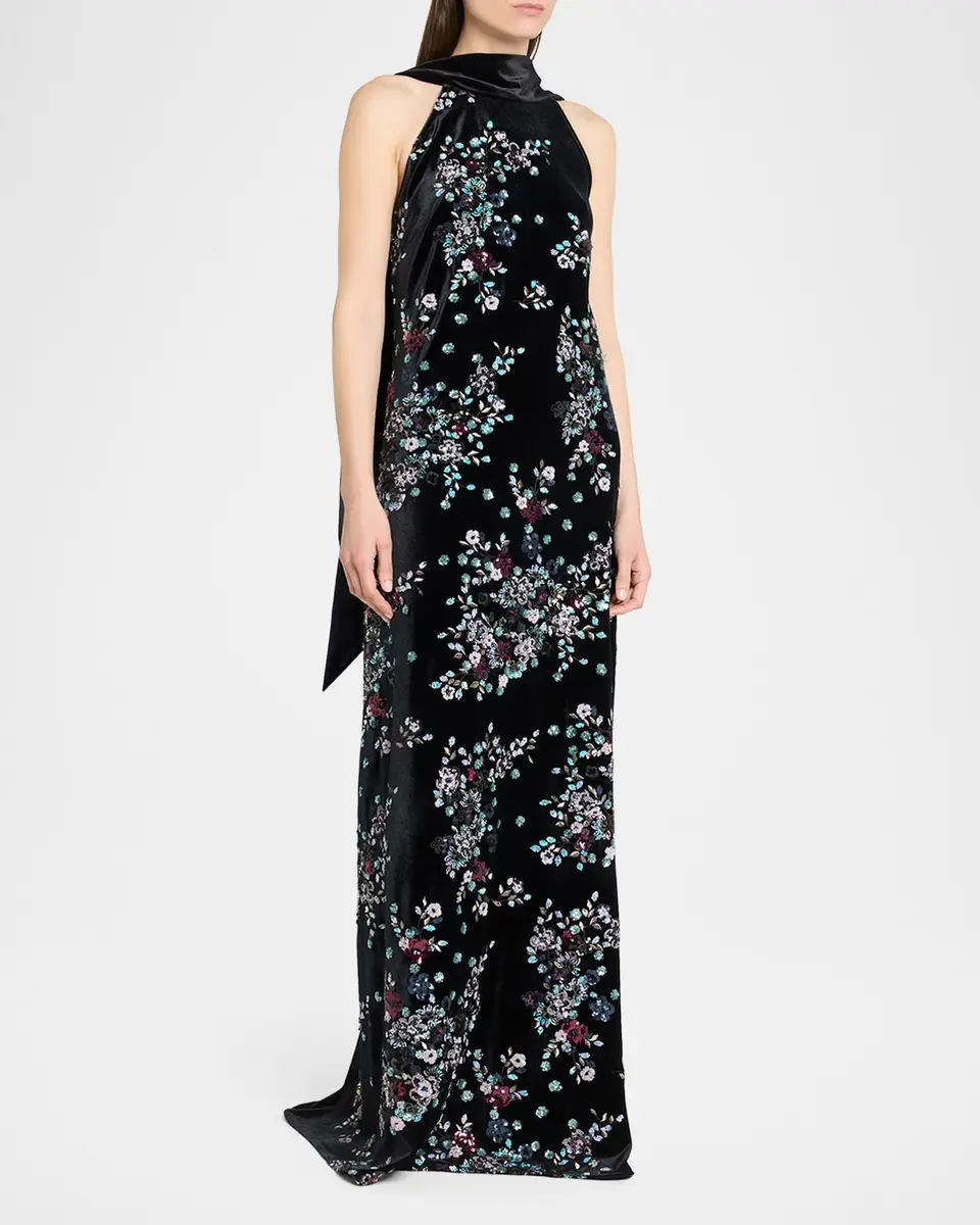Talbot Runhof Sequin Bloom Velvet Neck-Scarf Halter Gown | Thumbnail 4 Talbot Runhof Sequin Bloom Velvet Neck-Scarf Halter Gown | Thumbnail 4