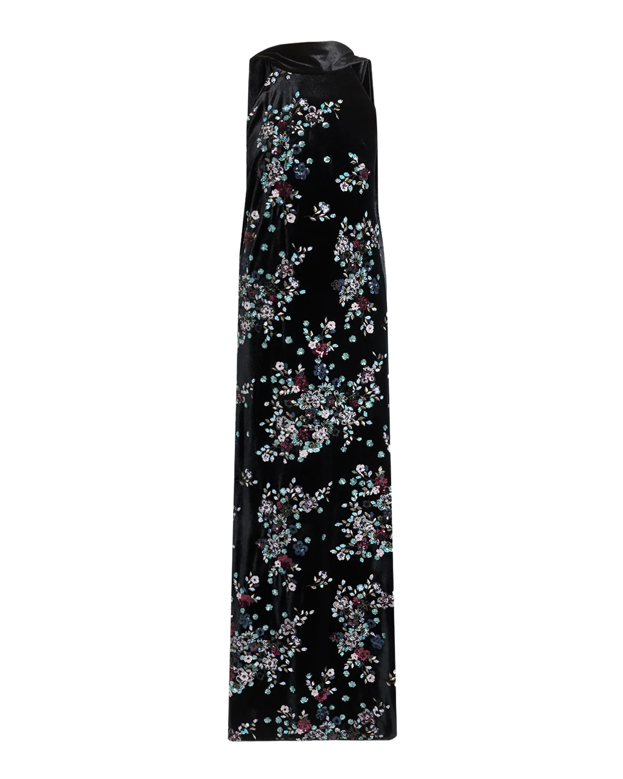 Talbot Runhof Sequin Bloom Velvet Neck-Scarf Halter Gown