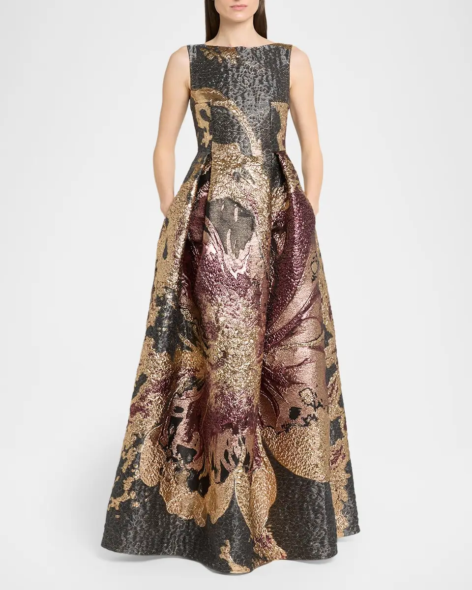 Talbot Runhof Metallic Magnolia Jacquard Pleated Ball Gown | Thumbnail 2 Talbot Runhof Metallic Magnolia Jacquard Pleated Ball Gown | Thumbnail 2