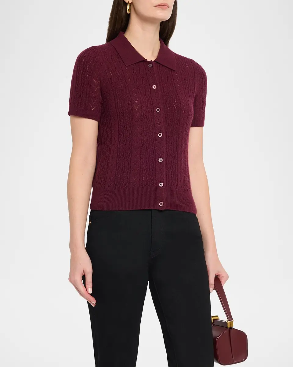 Neiman Marcus Cashmere Collection Pointelle-Knit Cashmere Polo | Thumbnail 4 Neiman Marcus Cashmere Collection Pointelle-Knit Cashmere Polo | Thumbnail 4