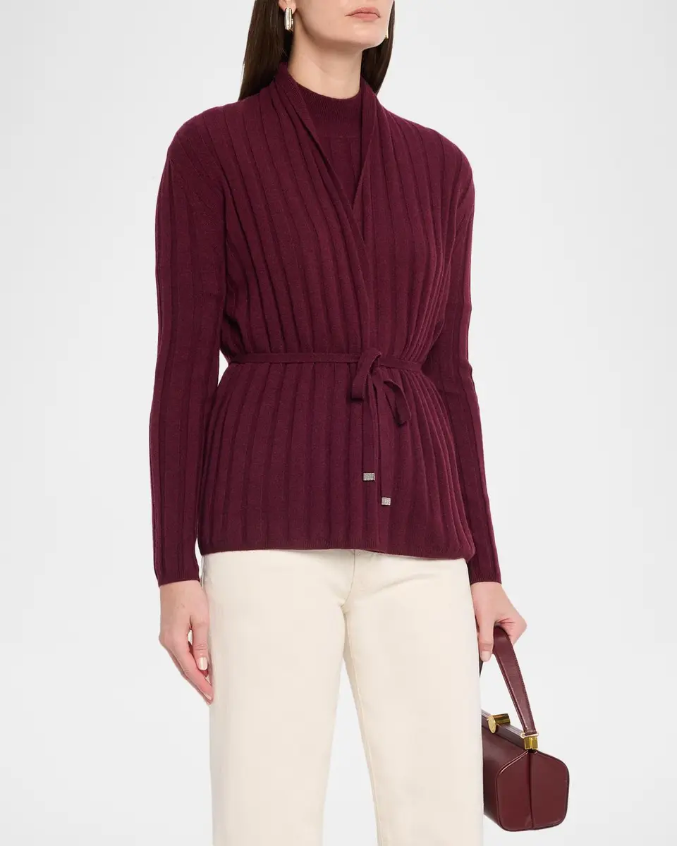 Neiman Marcus Cashmere Collection Cashmere Ribbed Wrap-Front Cardigan | Thumbnail 4 Neiman Marcus Cashmere Collection Cashmere Ribbed Wrap-Front Cardigan | Thumbnail 4