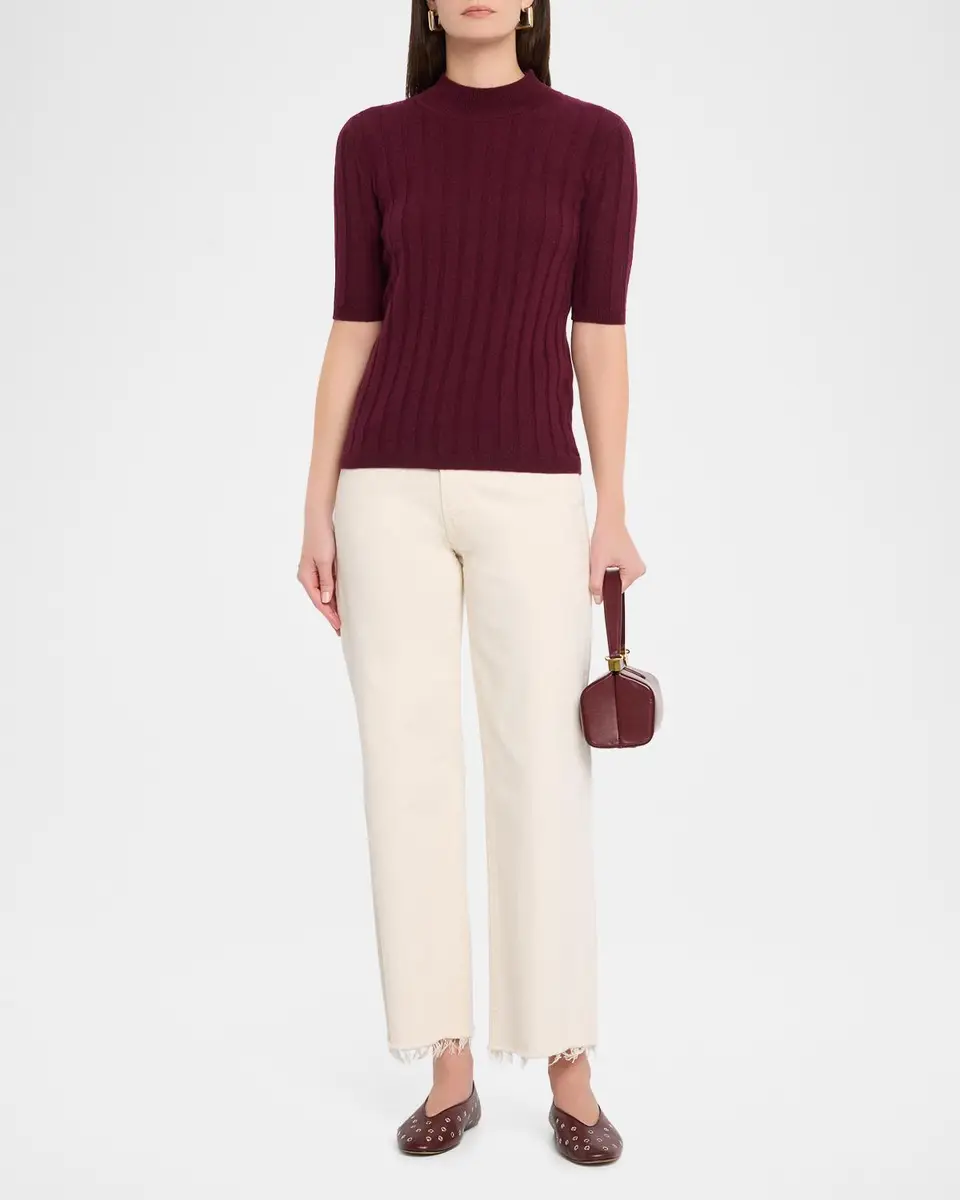 Neiman Marcus Cashmere Collection Ribbed Cashmere Elbow-Sleeve Sweater | Thumbnail 2 Neiman Marcus Cashmere Collection Ribbed Cashmere Elbow-Sleeve Sweater | Thumbnail 2