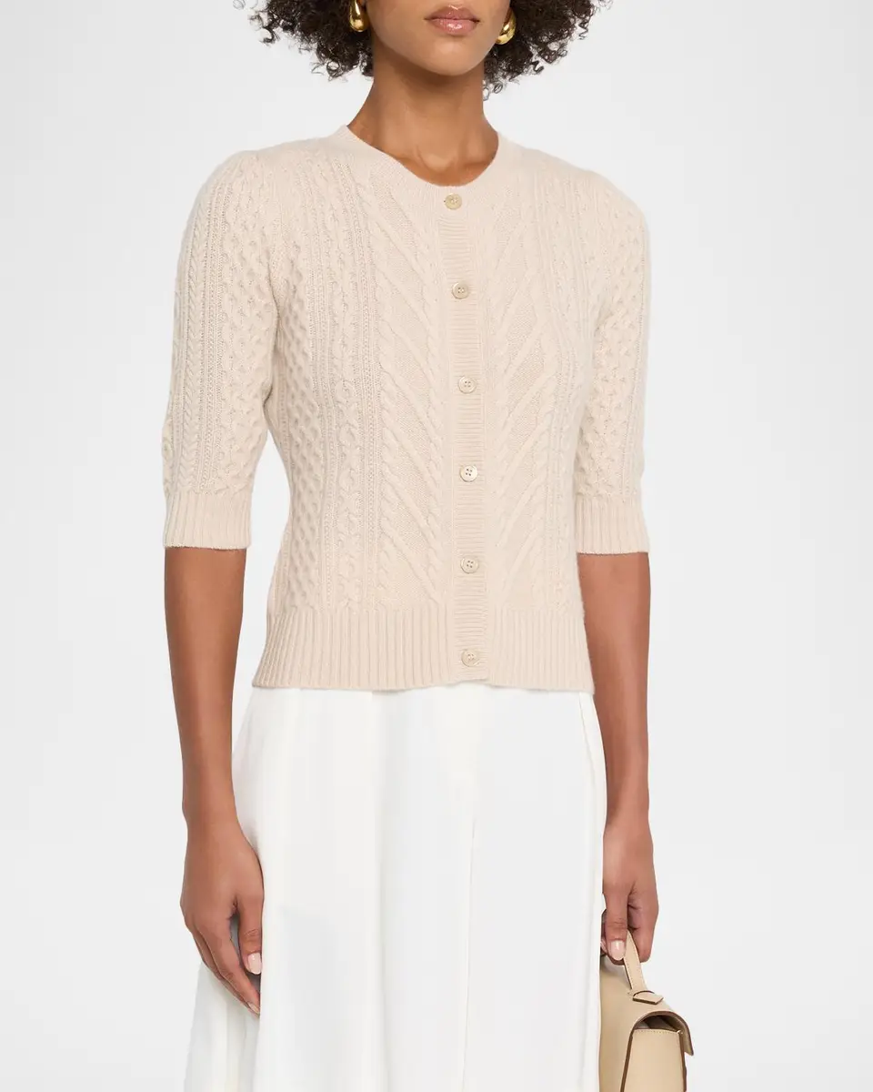 Neiman Marcus Cashmere Collection Cashmere Crewneck Cable-Knit Cardigan | Thumbnail 3