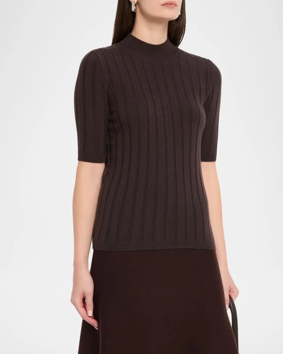 Neiman Marcus Cashmere Collection Ribbed Cashmere Elbow-Sleeve Sweater | Thumbnail 4 Neiman Marcus Cashmere Collection Ribbed Cashmere Elbow-Sleeve Sweater | Thumbnail 4