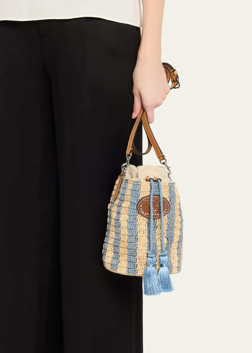 Valentino Garavani Small Striped Viscose Raffia Bucket Bag | Thumbnail 2 Valentino Garavani Small Striped Viscose Raffia Bucket Bag | Thumbnail 2