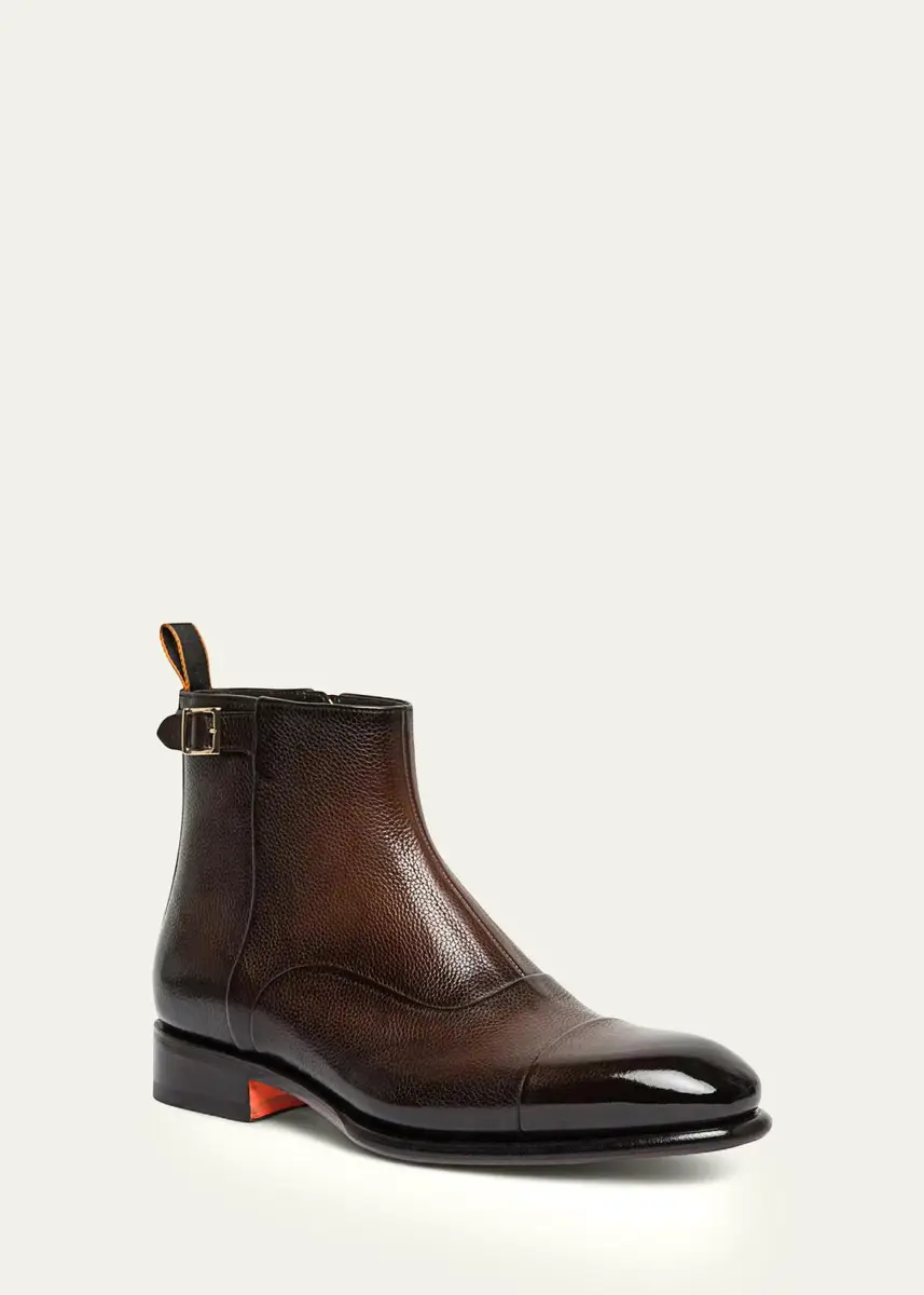 Santoni Men's Ira Grained Leather Cap-Toe Side-Zip Ankle Boots | Thumbnail 2