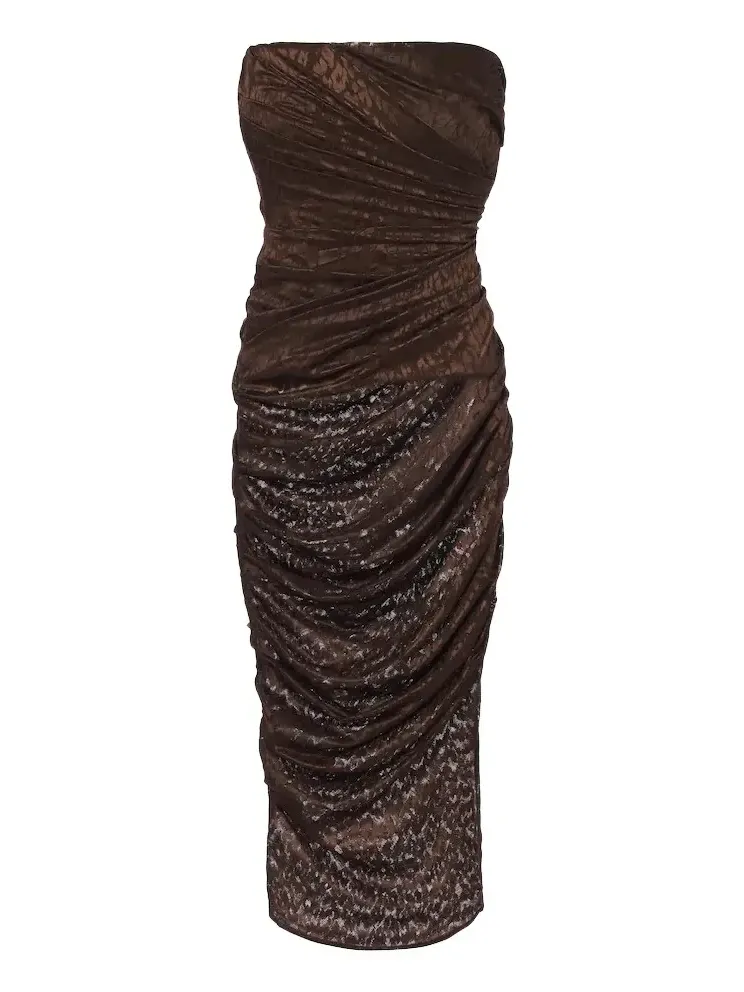 Leopard-print ruched lace midi dress