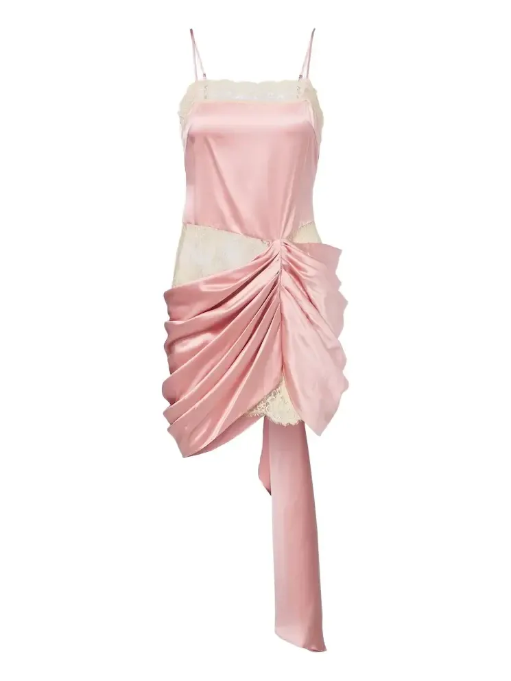 Draped lace-trimmed silk satin minidress Draped lace-trimmed silk satin minidress