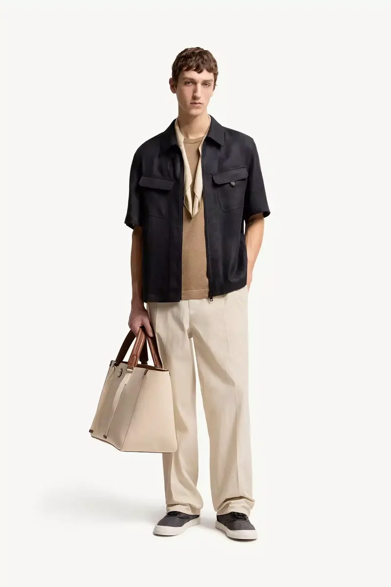 Moncler Linen Twill Short Sleeve Zip-up Shirt | Thumbnail 3