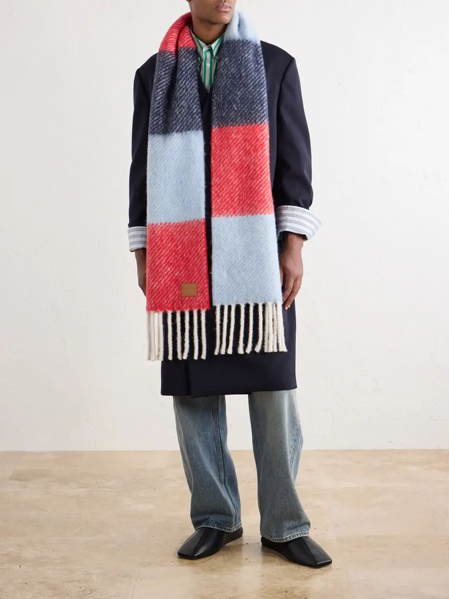 Loewe Fringed Striped Brushed Alpaca and Wool-Blend Scarf - Men | Thumbnail 2 Loewe Fringed Striped Brushed Alpaca and Wool-Blend Scarf - Men | Thumbnail 2