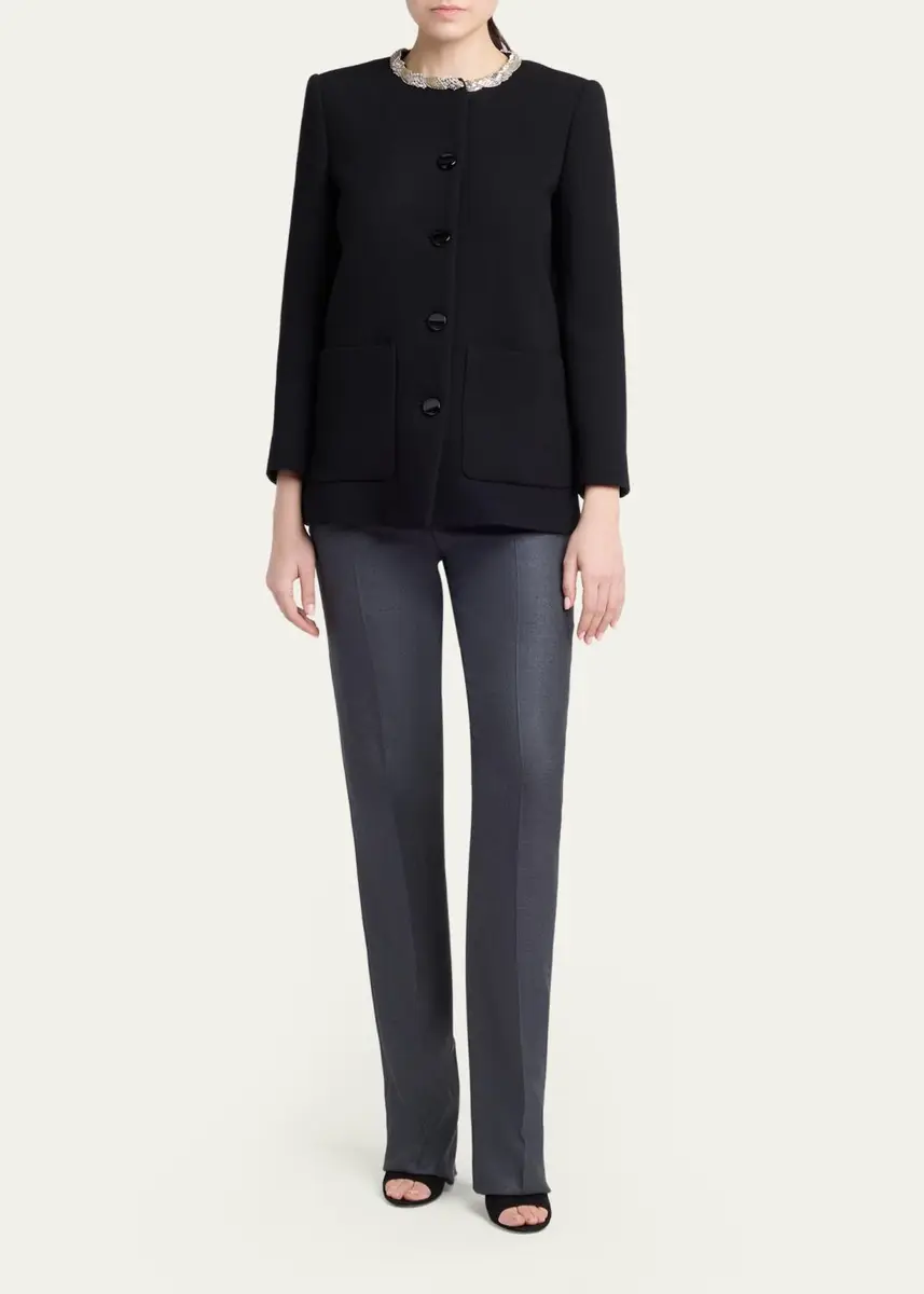 Valentino Garavani Crystal Embroidered Collarless Single-Breasted Coat | Thumbnail 2 Valentino Garavani Crystal Embroidered Collarless Single-Breasted Coat | Thumbnail 2