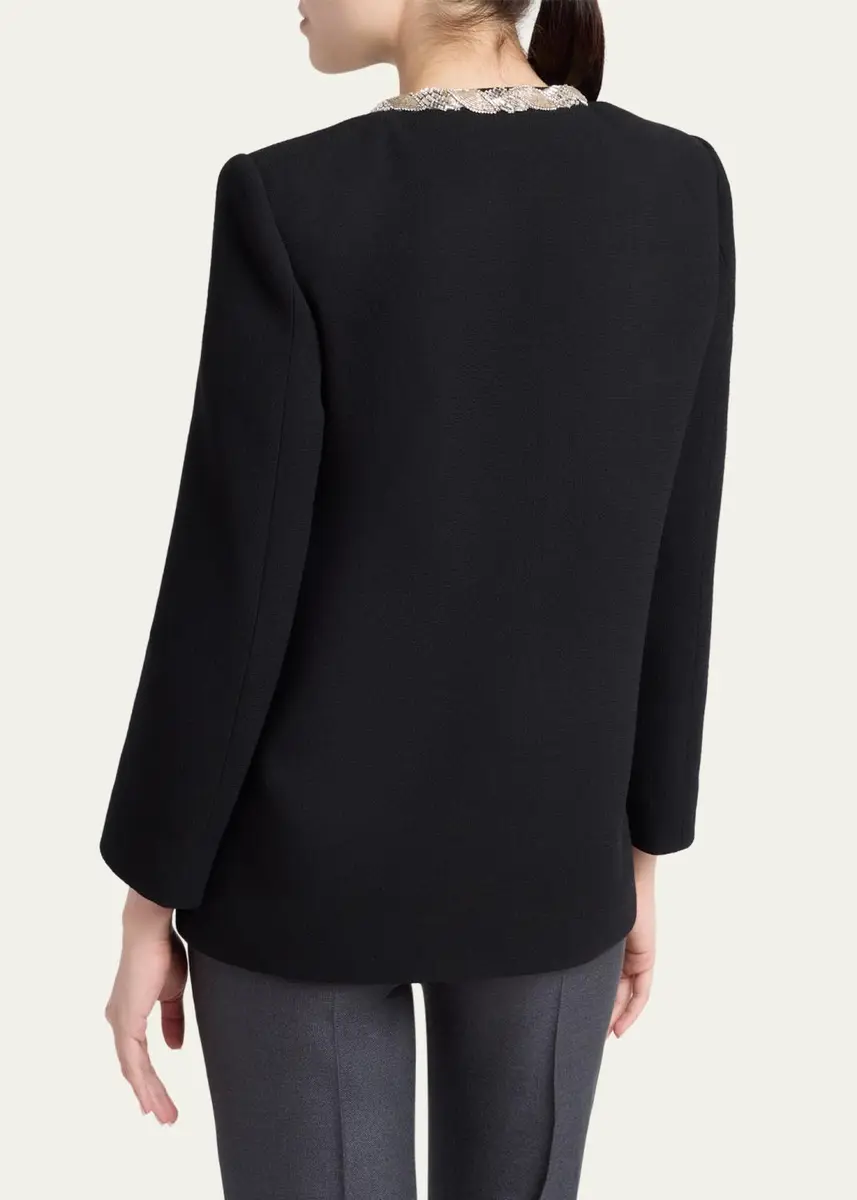 Valentino Garavani Crystal Embroidered Collarless Single-Breasted Coat | Thumbnail 3 Valentino Garavani Crystal Embroidered Collarless Single-Breasted Coat | Thumbnail 3