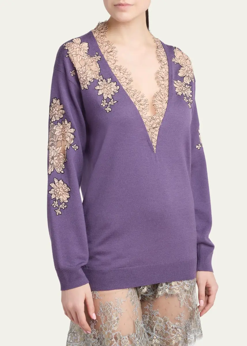 Valentino Garavani Lace-Inset Plunging Wool Sweater | Thumbnail 4 Valentino Garavani Lace-Inset Plunging Wool Sweater | Thumbnail 4