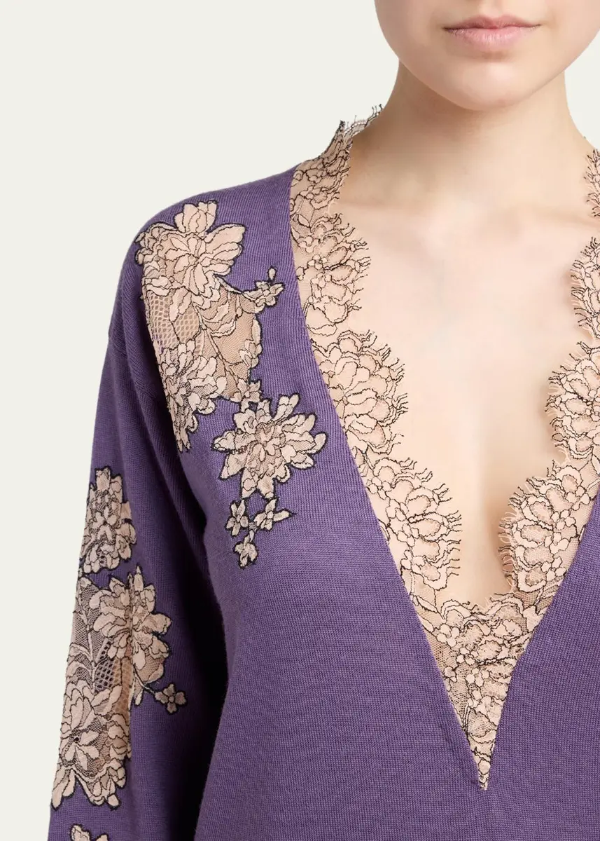 Valentino Garavani Lace-Inset Plunging Wool Sweater | Thumbnail 5 Valentino Garavani Lace-Inset Plunging Wool Sweater | Thumbnail 5