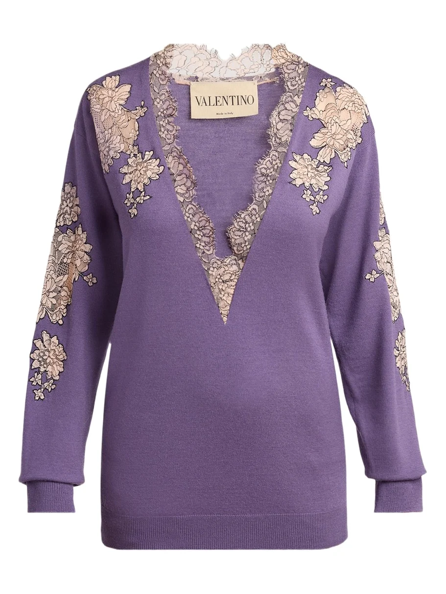 Lace-Inset Plunging Wool Sweater