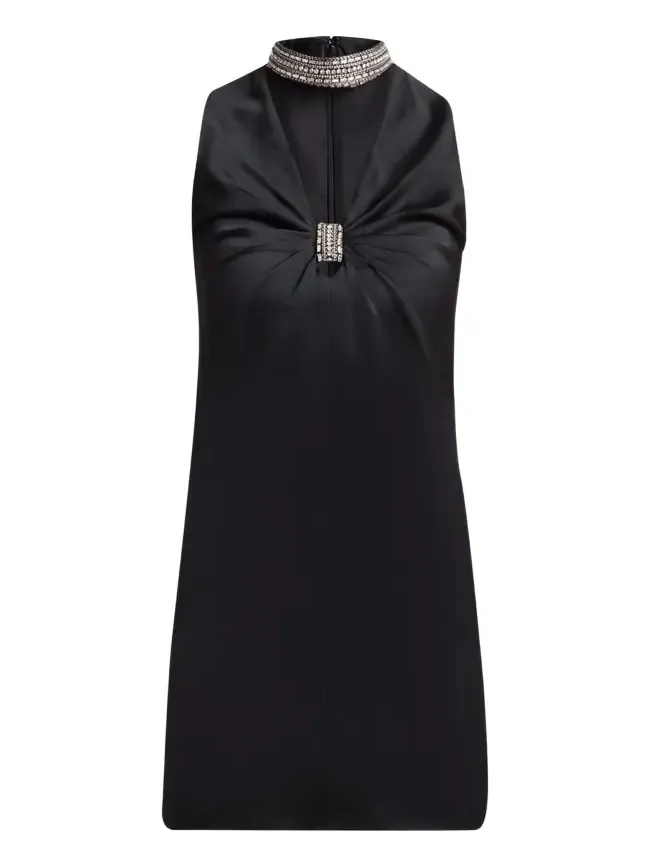 Embroidered Choker V-Neck Satin Mini Dress