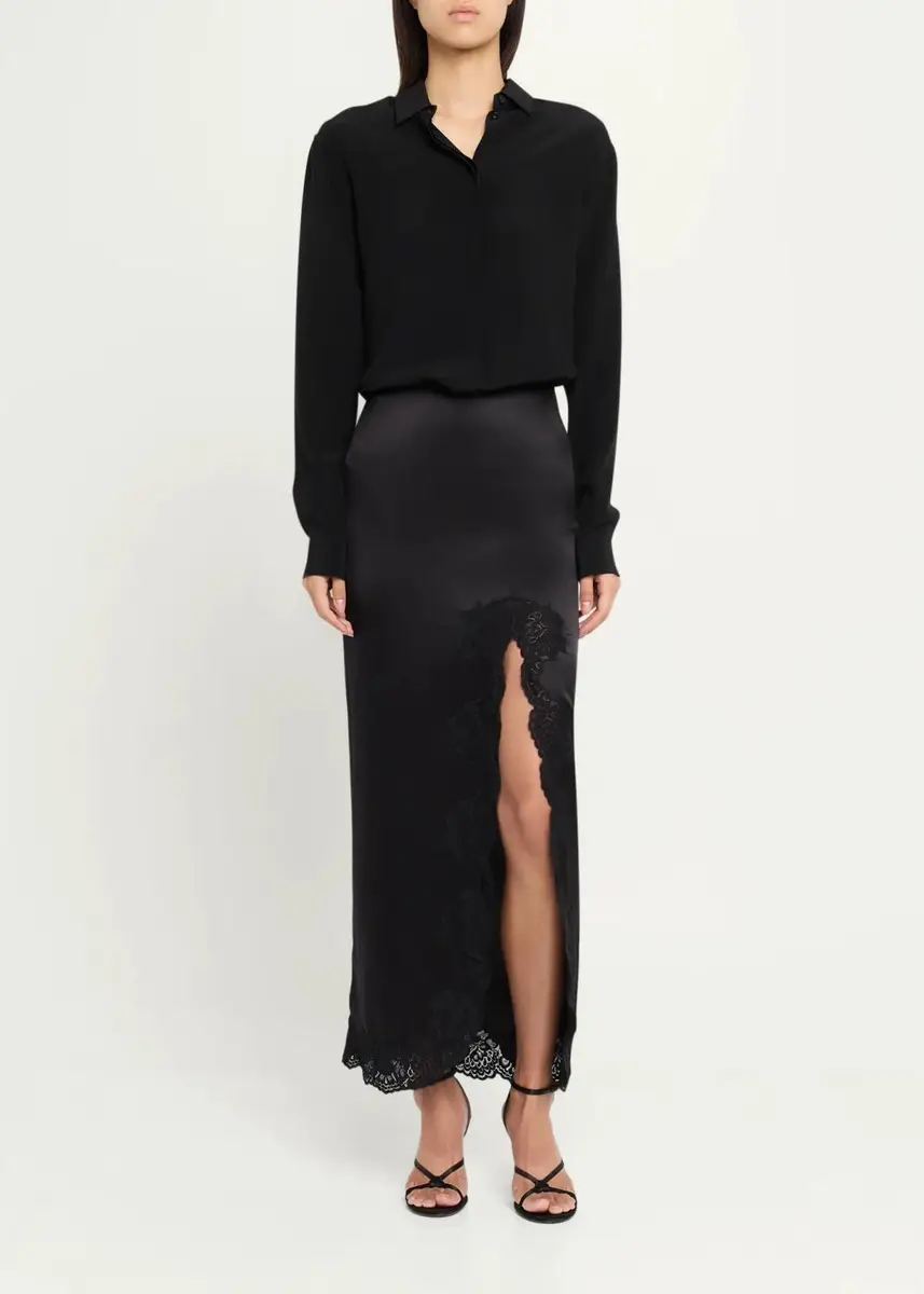 Valentino Garavani Lace-Trim Silk Satin Maxi Slit Skirt | Thumbnail 2 Valentino Garavani Lace-Trim Silk Satin Maxi Slit Skirt | Thumbnail 2