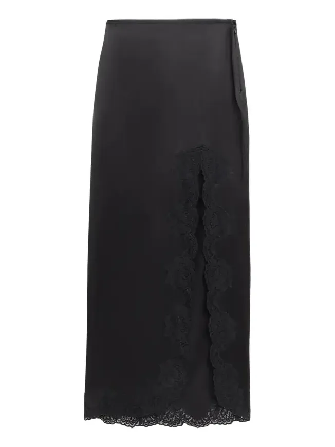 Lace-Trim Silk Satin Maxi Slit Skirt Lace-Trim Silk Satin Maxi Slit Skirt