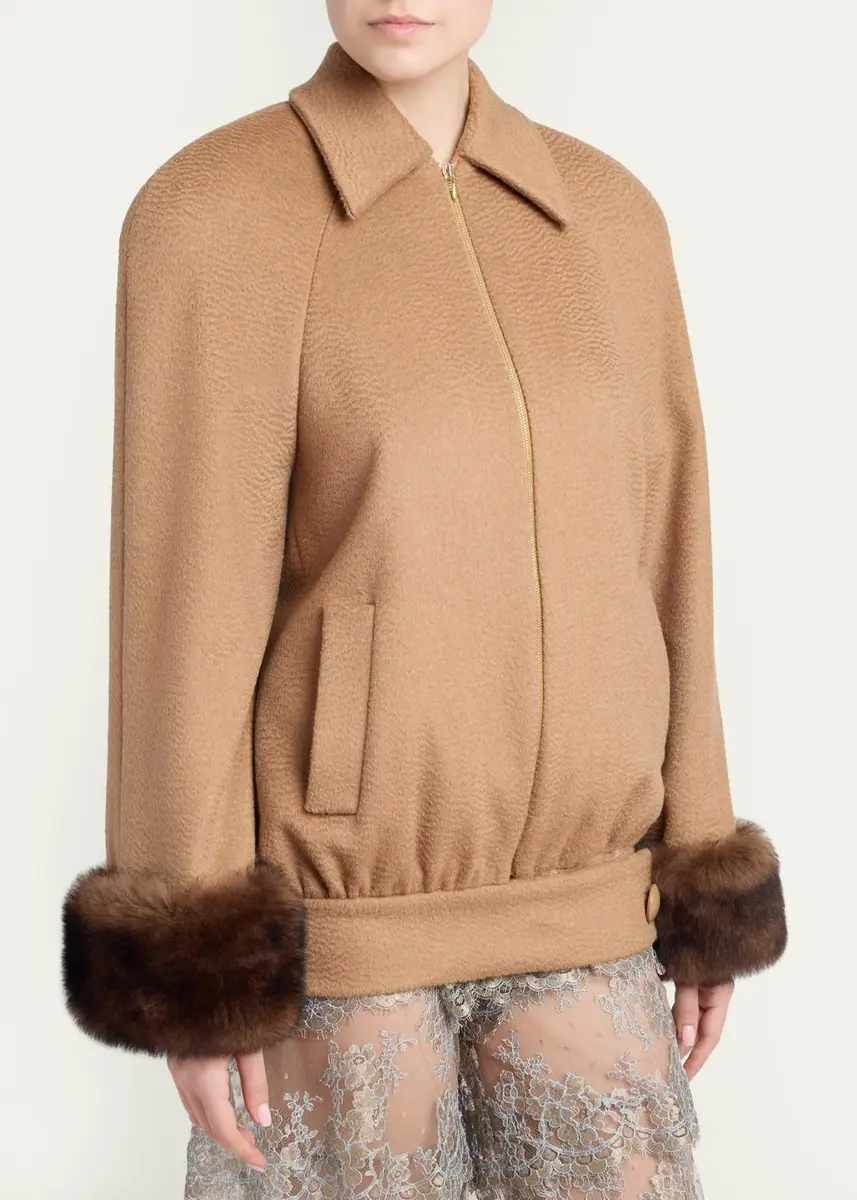 Valentino Garavani Lamb Shearling Cuffs Brushed Camel Zip Jacket | Thumbnail 4 Valentino Garavani Lamb Shearling Cuffs Brushed Camel Zip Jacket | Thumbnail 4