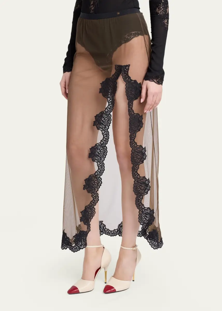 Valentino Garavani Lace-Trim Sheer Jersey Slit Maxi Skirt | Thumbnail 4