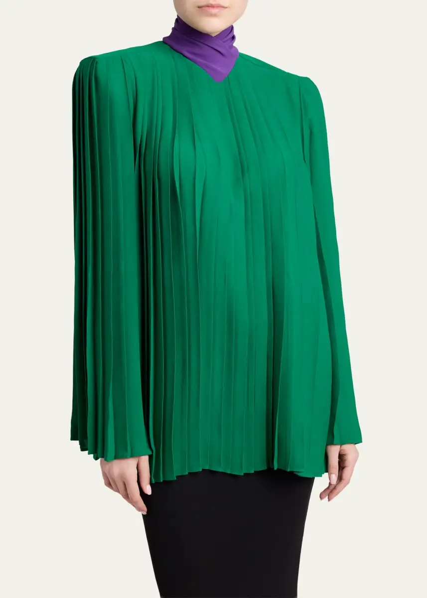 Valentino Garavani Mock-Neck Pleated Silk Long-Sleeve Top | Thumbnail 4