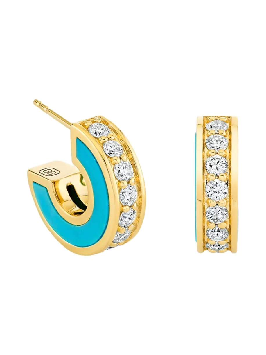 14K Yellow Gold Turquoise Stone Inlay Earrings with Diamonds 14K Yellow Gold Turquoise Stone Inlay Earrings with Diamonds