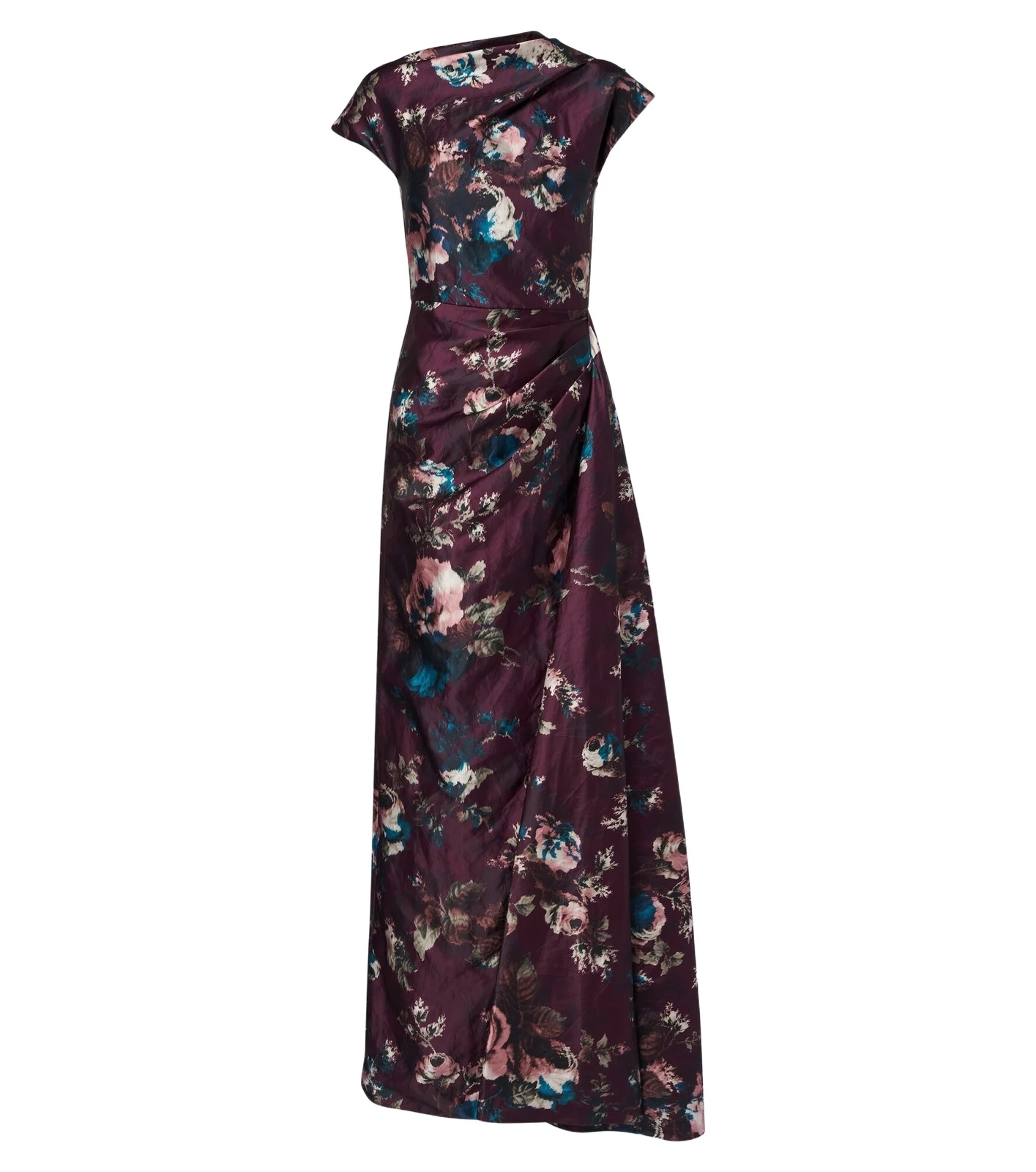 Draped floral satin gown