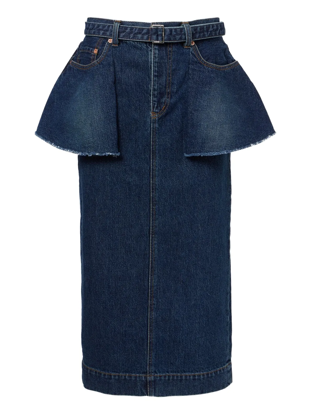 Sacai Belted peplum denim midi skirt
