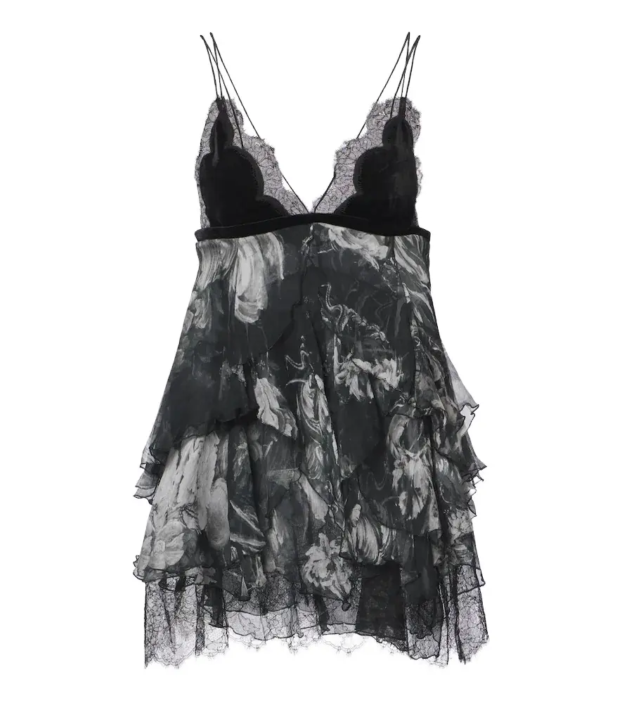 Lace-trimmed printed silk mini dress Lace-trimmed printed silk mini dress