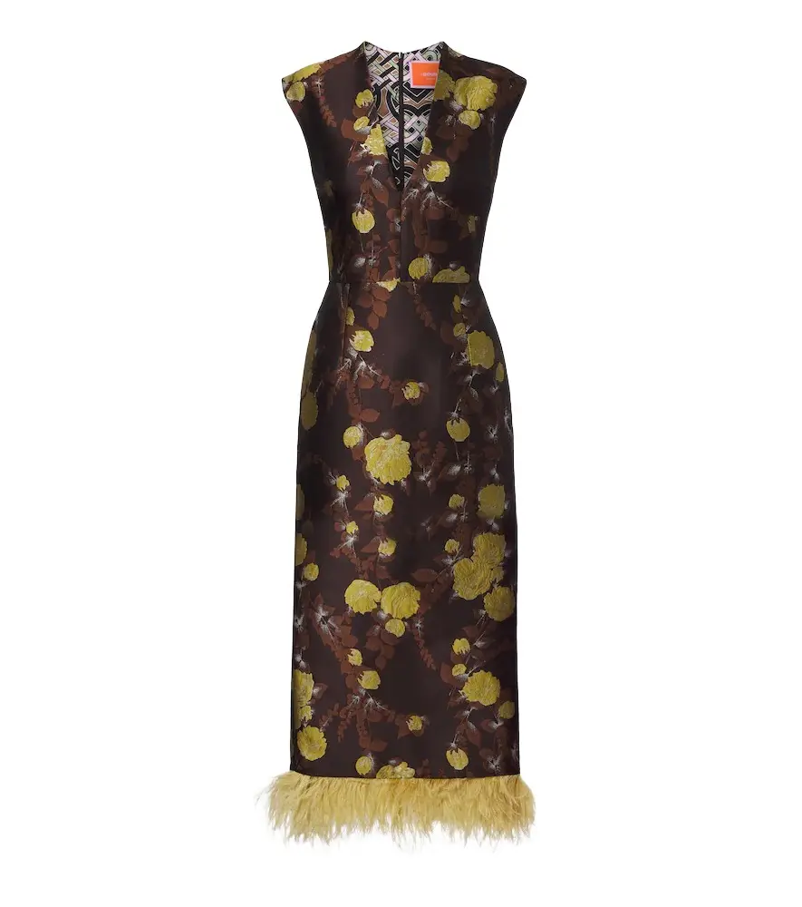 La DoubleJ Devon feather-trimmed jacquard midi dress