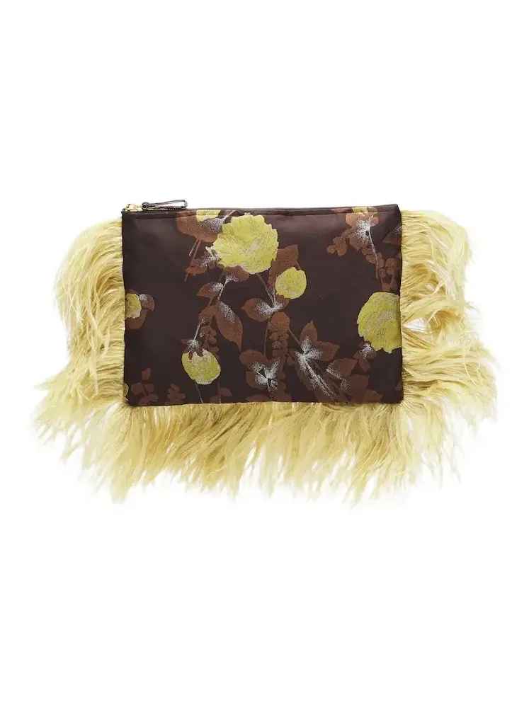 La DoubleJ Devon feather-trimmed jacquard clutch