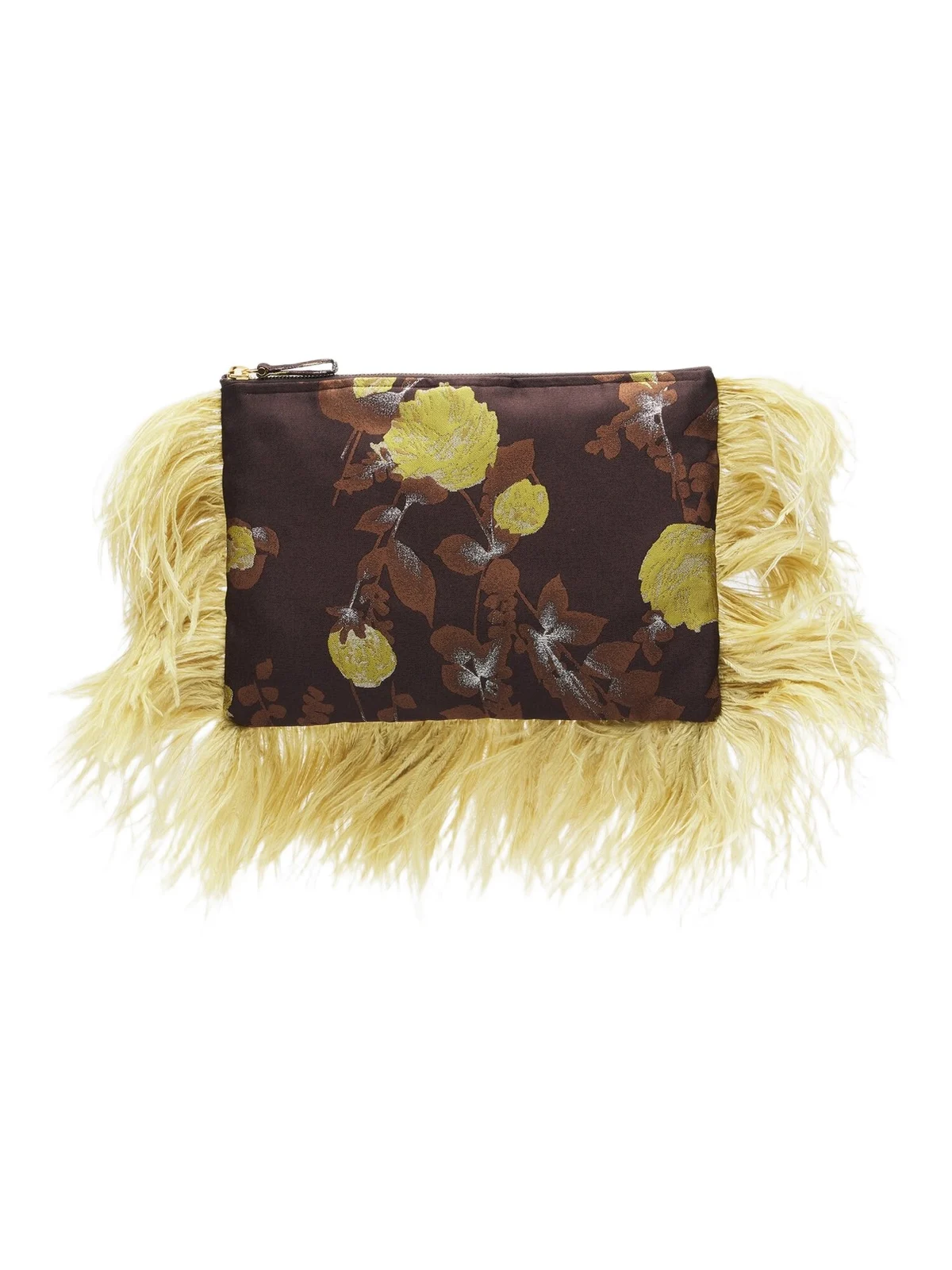 La DoubleJ Devon feather-trimmed jacquard clutch
