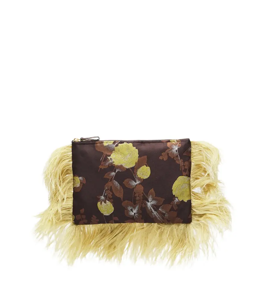 Devon feather-trimmed jacquard clutch Devon feather-trimmed jacquard clutch