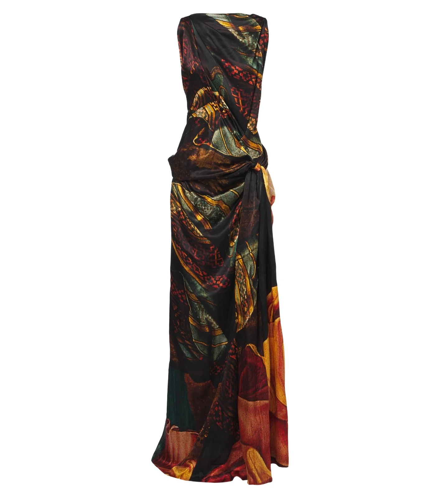 Printed draped silk satin gown