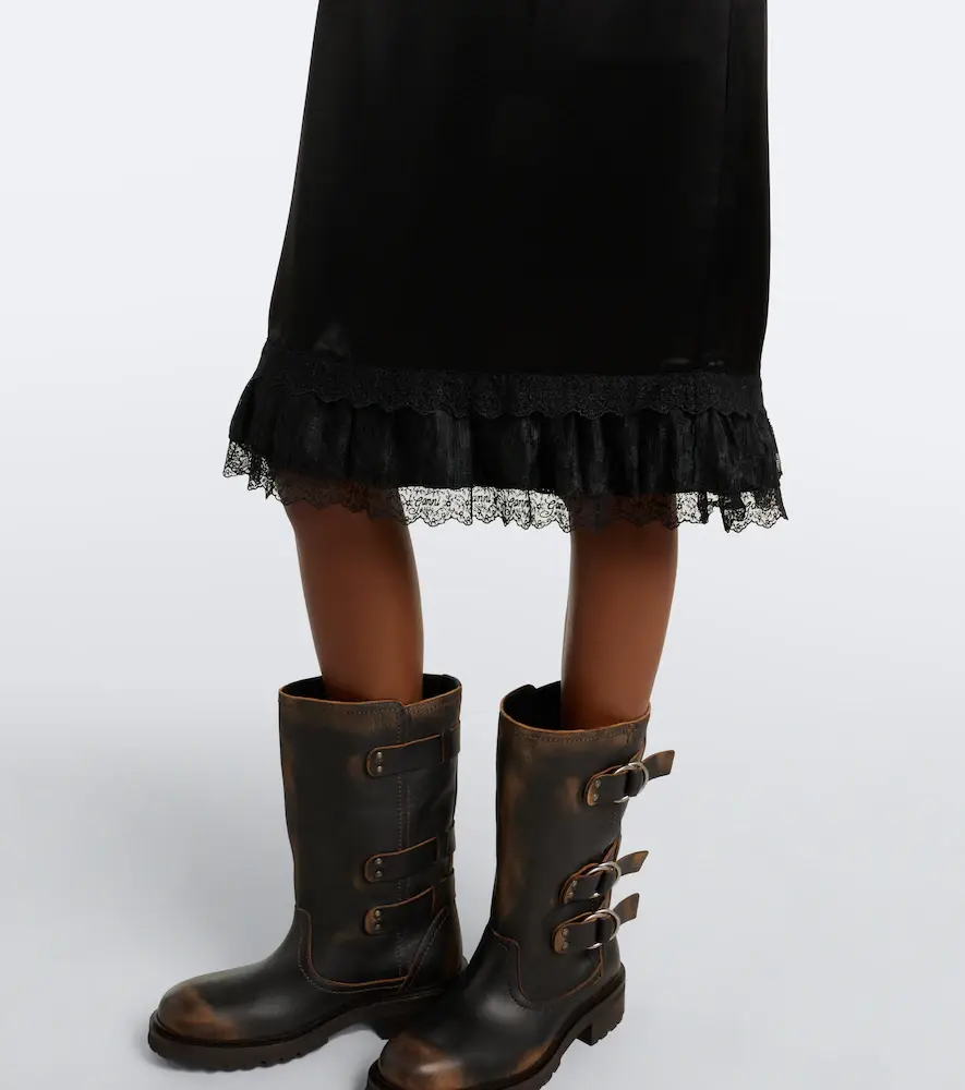 Ganni Lace-trimmed ruffled satin midi skirt | Thumbnail 6