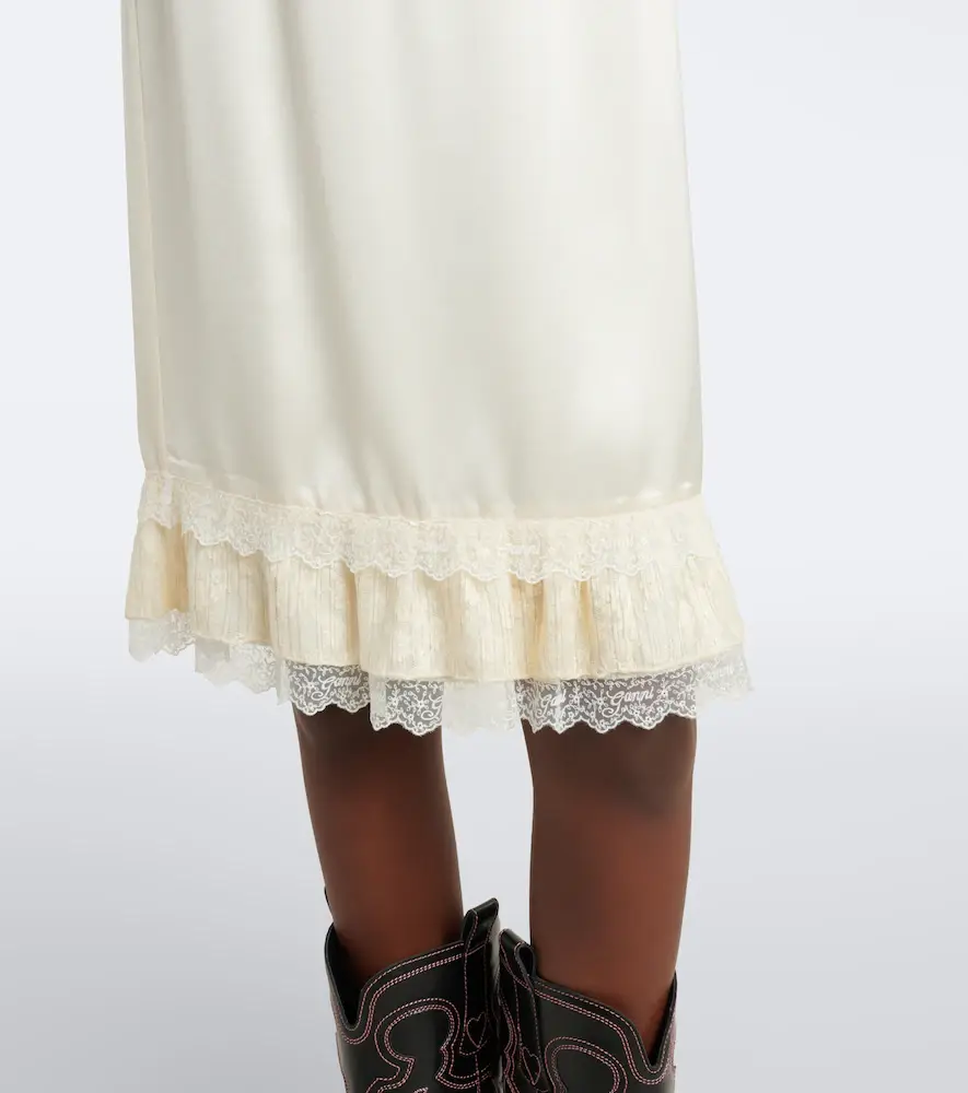 Ganni Lace-trimmed ruffled satin midi skirt | Thumbnail 2