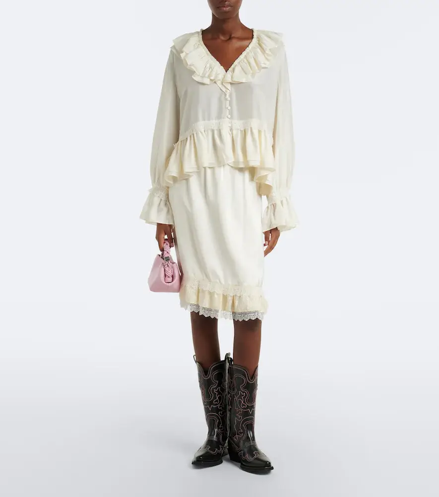 Ganni Lace-trimmed ruffled satin midi skirt | Thumbnail 3