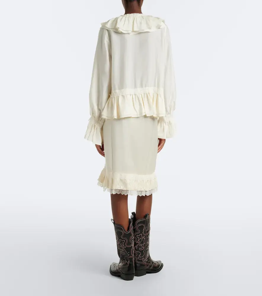 Ganni Lace-trimmed ruffled satin midi skirt | Thumbnail 5