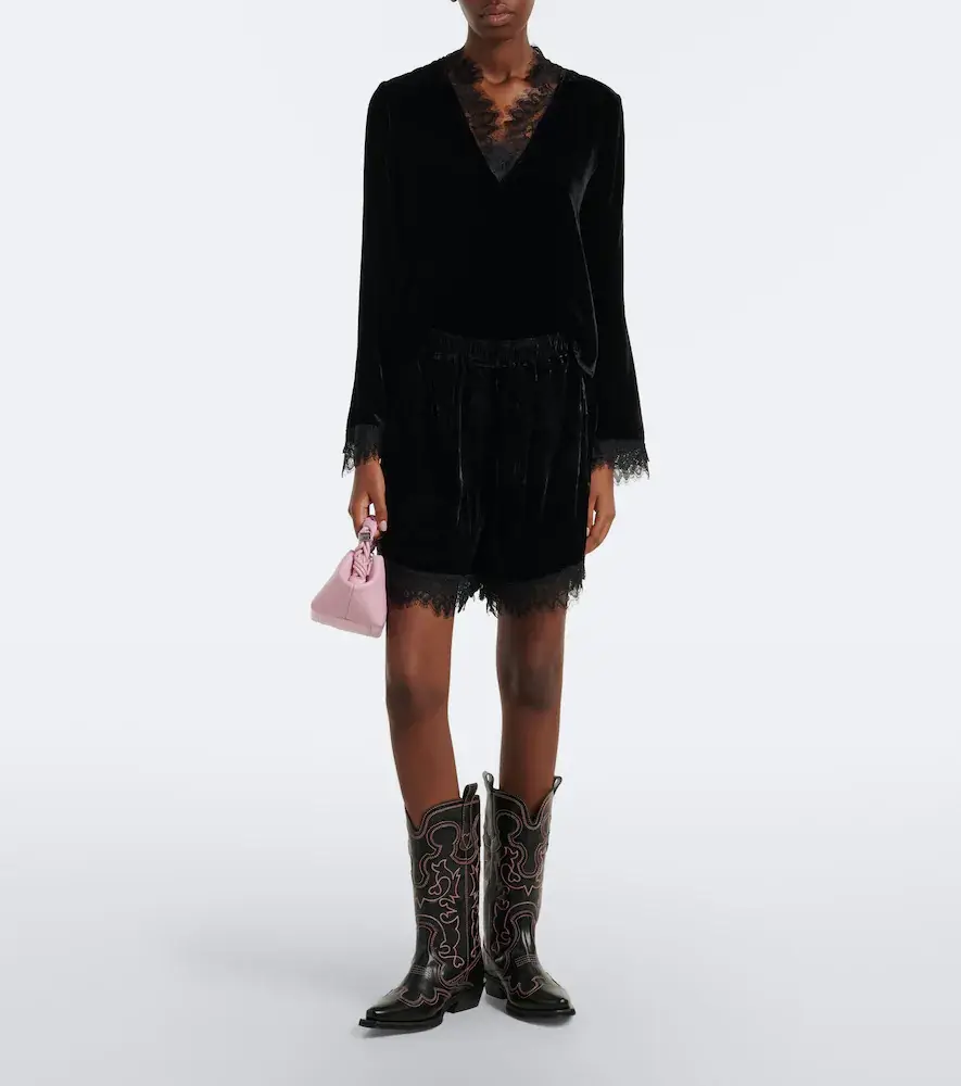 Ganni Lace-trimmed velvet top | Thumbnail 4
