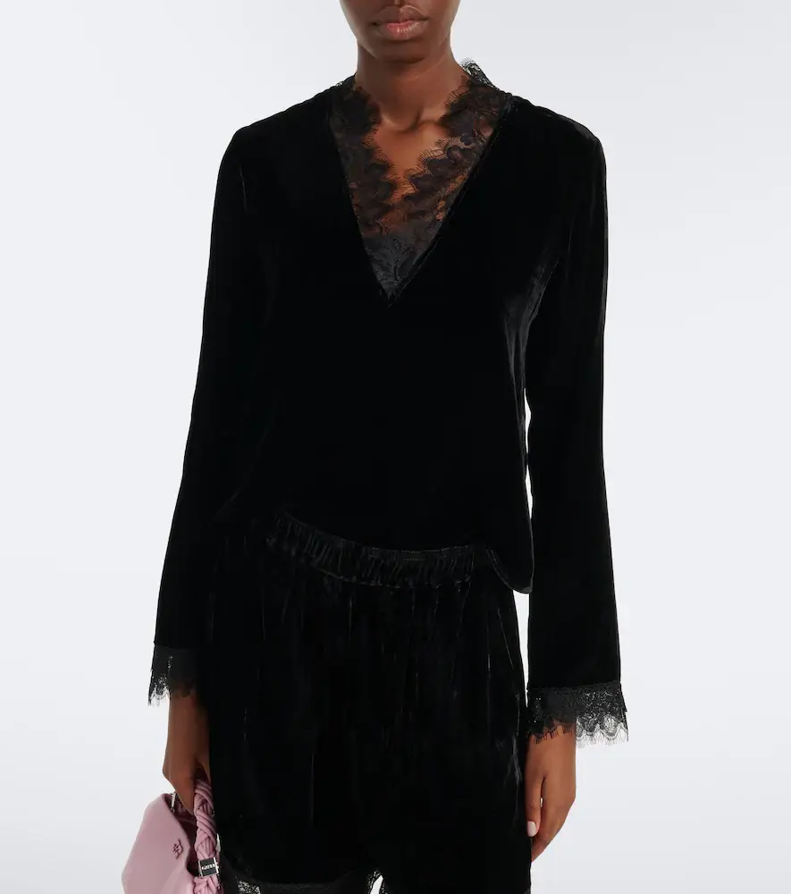 Ganni Lace-trimmed velvet top | Thumbnail 6
