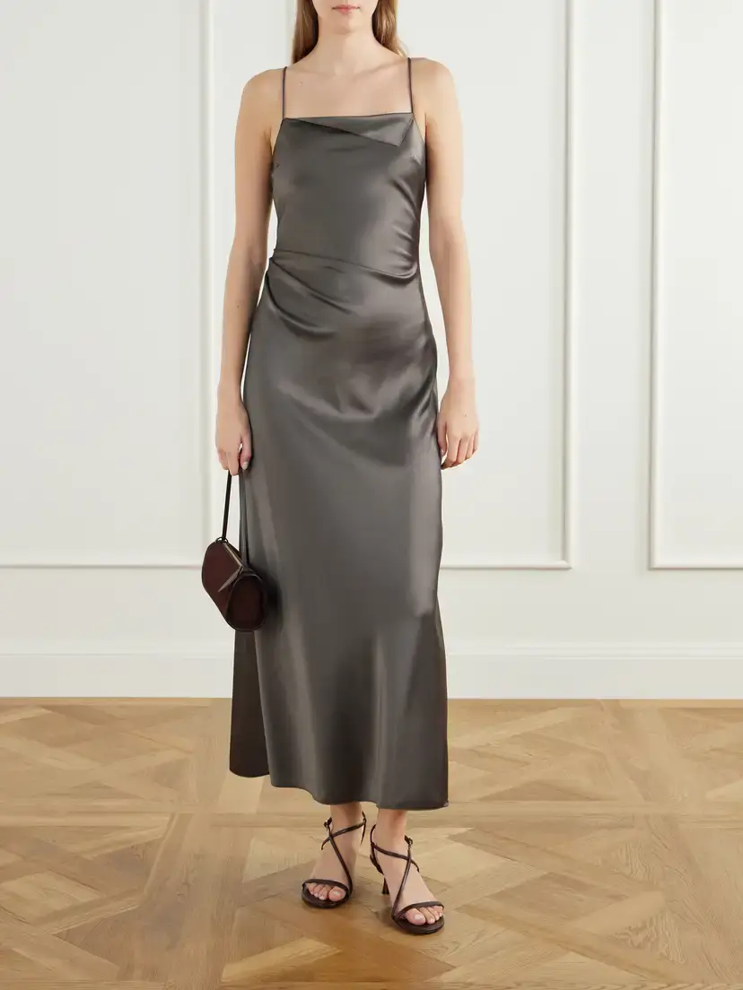 La Ligne Flipped Lapel Draped Satin Midi Dress | Thumbnail 2 La Ligne Flipped Lapel Draped Satin Midi Dress | Thumbnail 2
