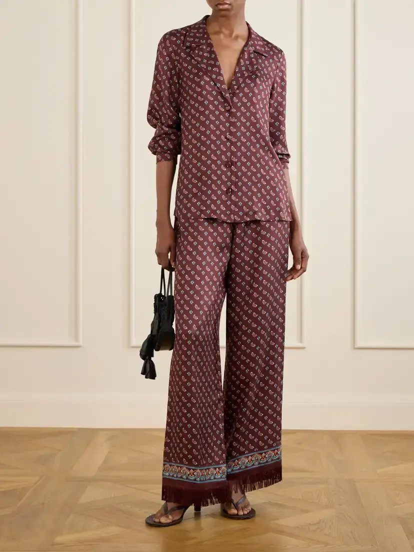 DÔEN Lavon Fringed Printed Silk-blend Satin Wide-leg Pants | Thumbnail 2