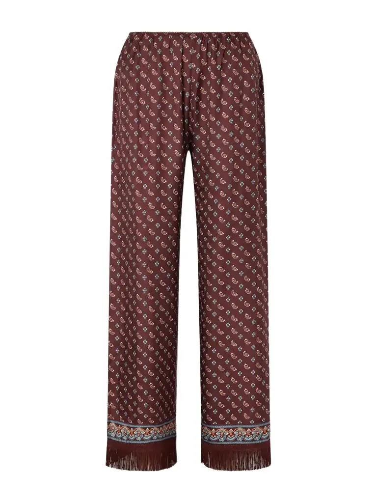 DÔEN Lavon Fringed Printed Silk-blend Satin Wide-leg Pants