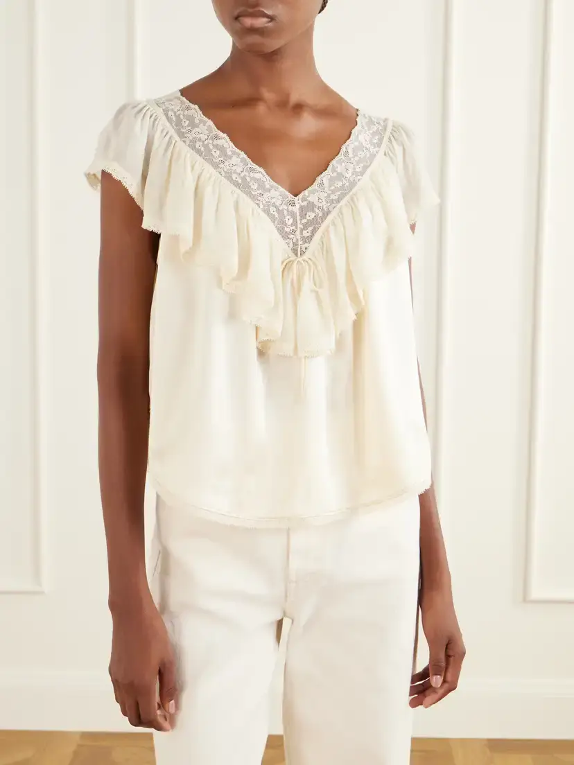 DÔEN Yadira Ruffled Lace-trimmed Silk Blouse | Thumbnail 3