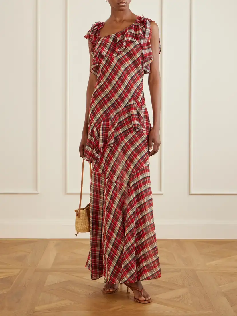 DÔEN Fernanda Ruffle Tiered Checked Silk-satin Maxi Dress | Thumbnail 2 DÔEN Fernanda Ruffle Tiered Checked Silk-satin Maxi Dress | Thumbnail 2