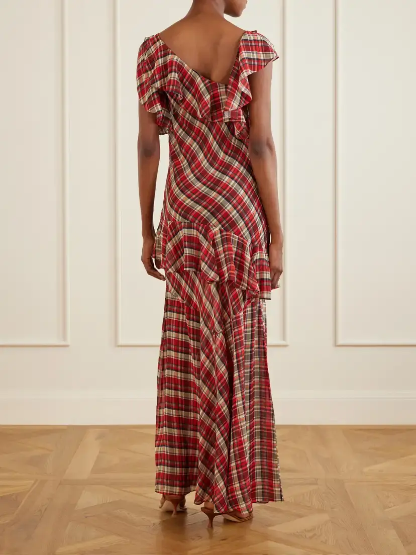 DÔEN Fernanda Ruffle Tiered Checked Silk-satin Maxi Dress | Thumbnail 3 DÔEN Fernanda Ruffle Tiered Checked Silk-satin Maxi Dress | Thumbnail 3