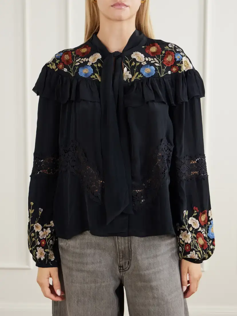 Sea Ruwa Ruffled Embroidered Lace-trimmed Crepe Blouse | Thumbnail 3 Sea Ruwa Ruffled Embroidered Lace-trimmed Crepe Blouse | Thumbnail 3