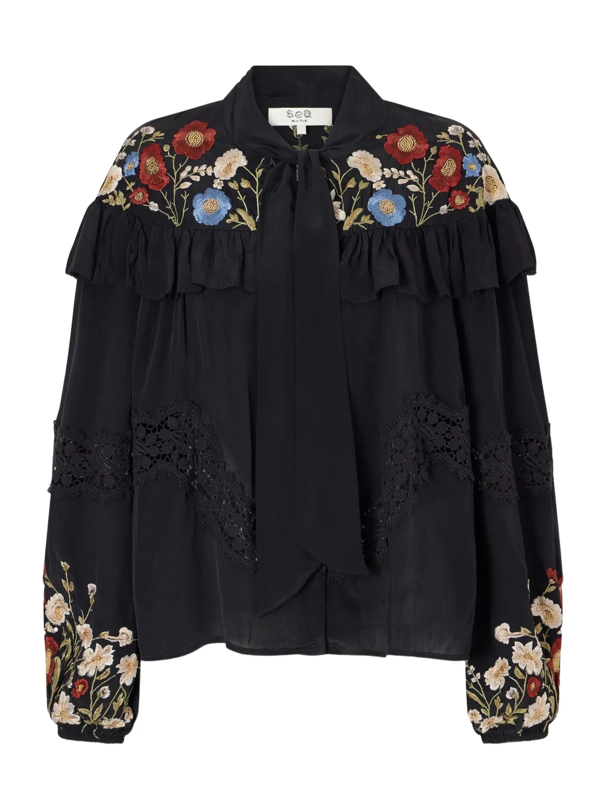 Ruwa Ruffled Embroidered Lace-trimmed Crepe Blouse Ruwa Ruffled Embroidered Lace-trimmed Crepe Blouse
